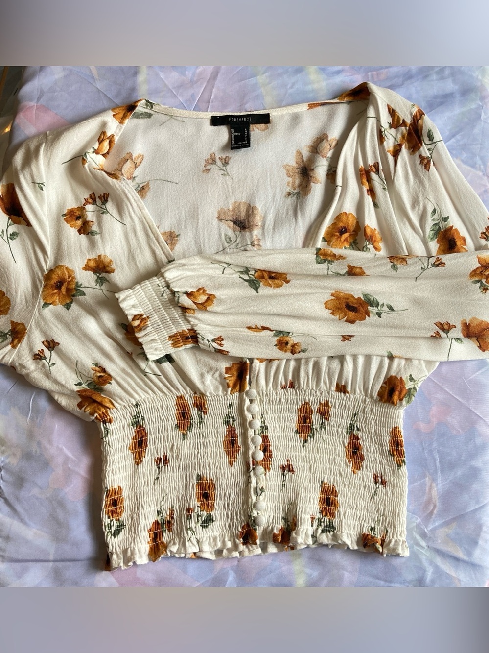 Forever 21 White Floral Smocked Peplum Blouse with Yellow Flowers & Full Sleeves - Picture 5 of 11